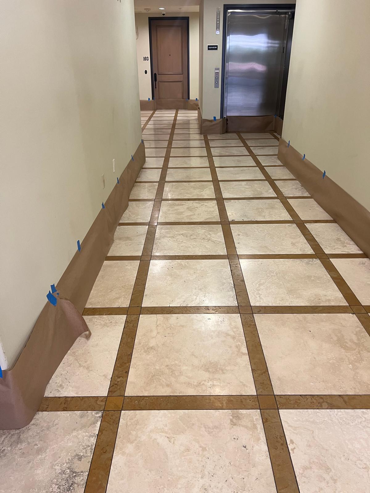Travertine hallway prepared for professional sealing