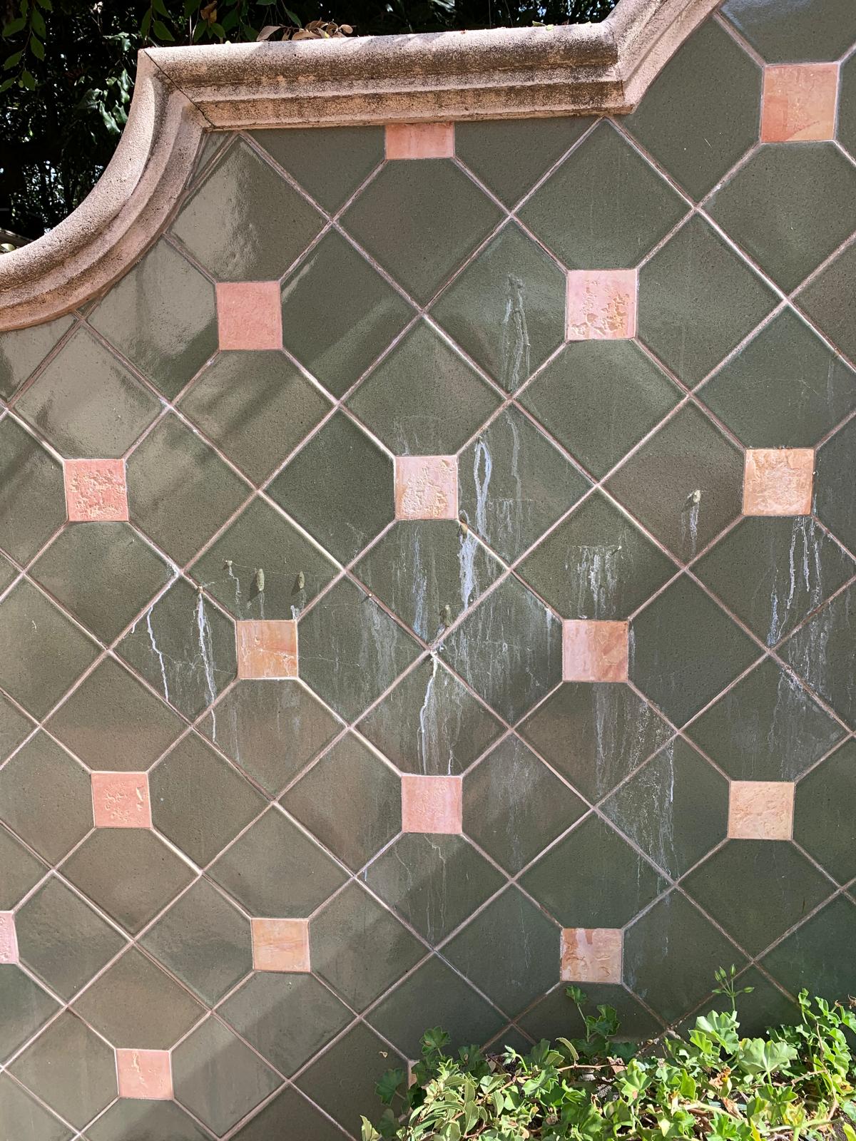 Tile wall showing white hard-water streaks before cleaning