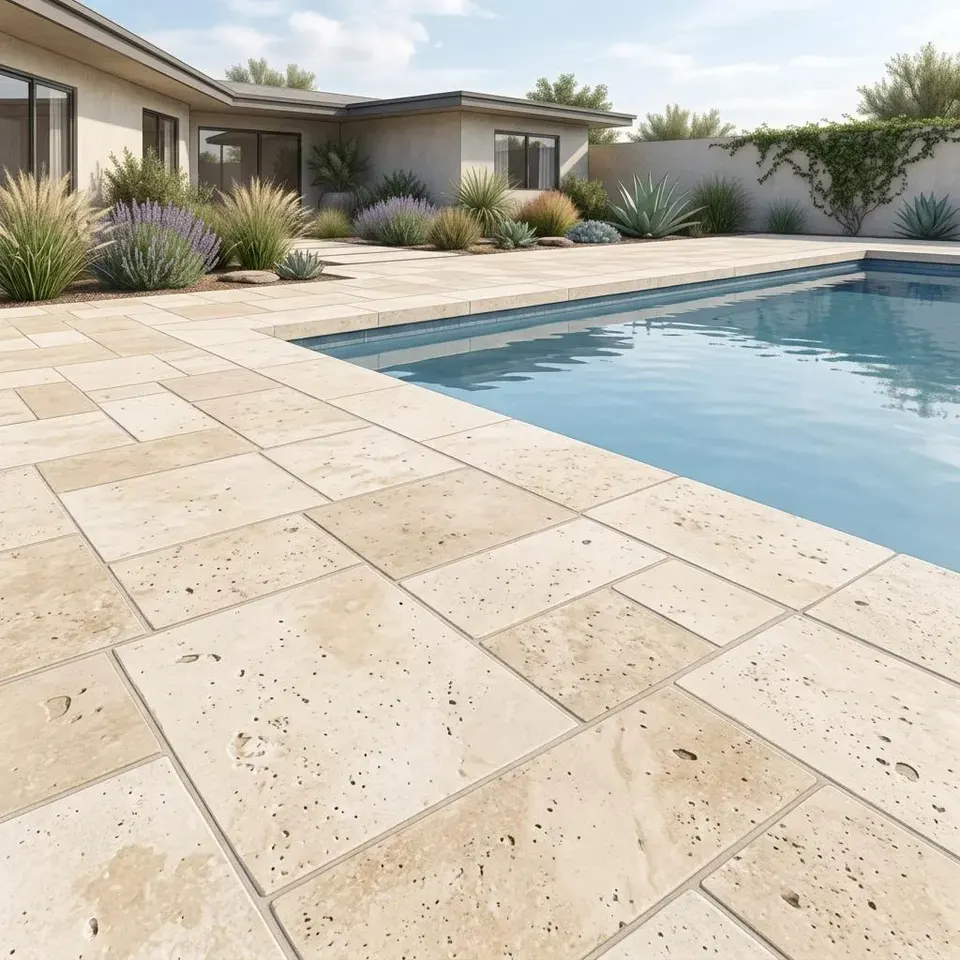 Illustration of pale travertine pavers beside a residential swimming pool