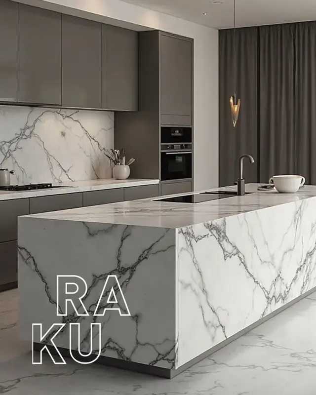 Official RAKU marble kitchen image used to illustrate the product, not an Elite Marble Care project